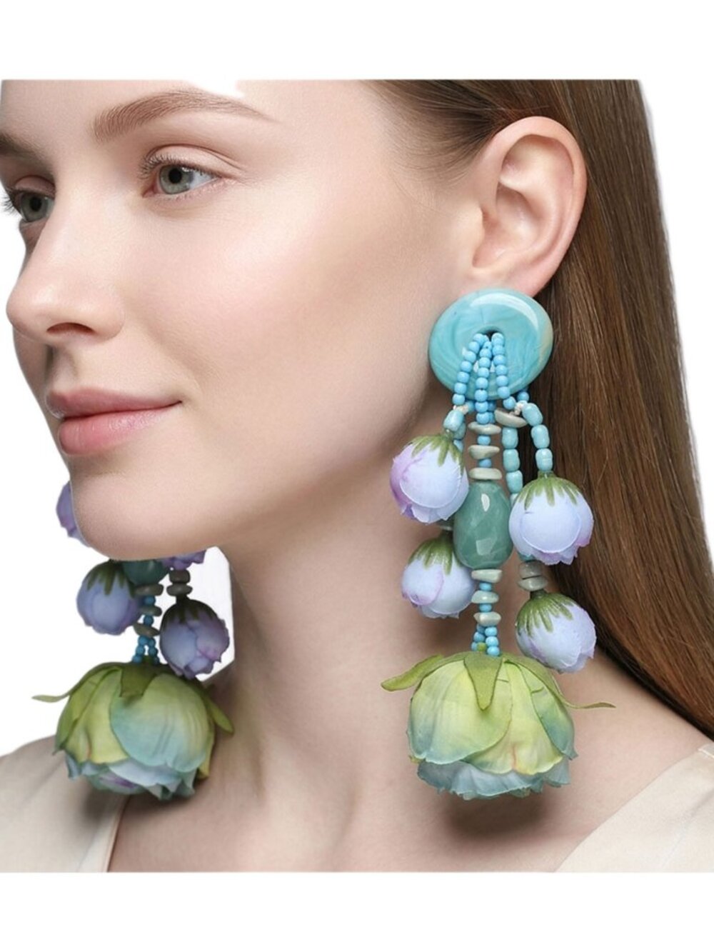 Tigerstars Oversized Turquoise Floral Drop Statement Earrings